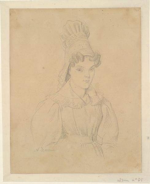 Jeune femme portant une coiffe normande ; Femme en buste de trois-quarts avec coiffe