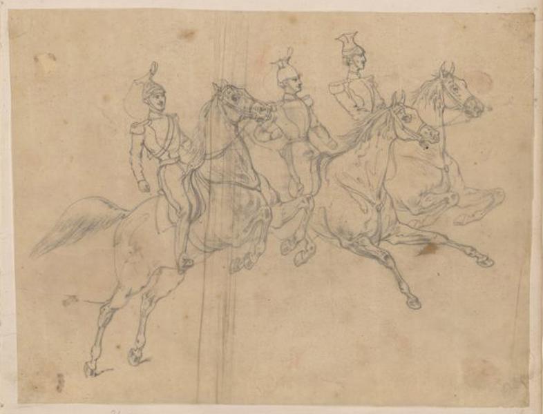 Trois cavaliers militaires casqués à cheval