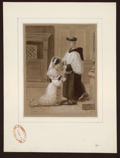 Femme agenouillée embrasse l'effigie d'une vierge