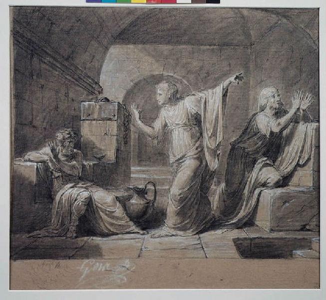 Criton, jeune disciple de Socrate, propose à son maître, condamné à mort, de le faire évader de prison (maître, condamné à mort, de le faire évader de prison. Catalogue des ventes 1873, n° 186) ; Scène dans une prison (Libération de Saint-Pierre ?)