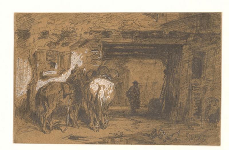 Cour de ferme, avec poules et chevaux