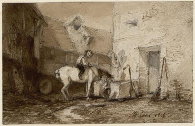 Cavalier dans une cour de ferme