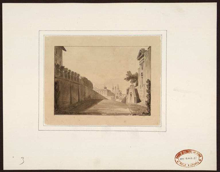 Vue d'un obélisque et d'une église depuis une ruelle