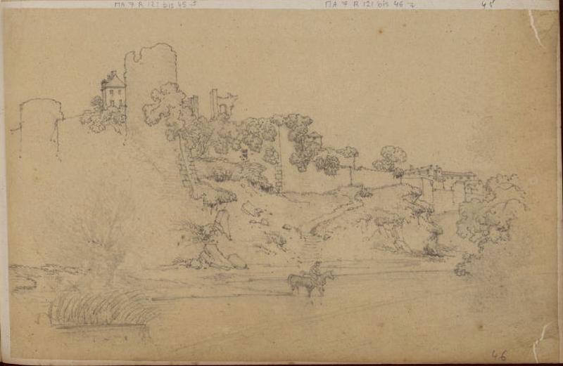 Paysage avec ruine sur une colline