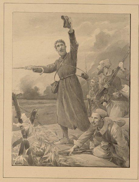 Scène de guerre: soldats portant des fusils sortant des tranchées