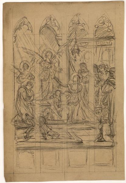 Une sainte priant un saint ailé ; Projet de vitrail ; Verso ; Nativité