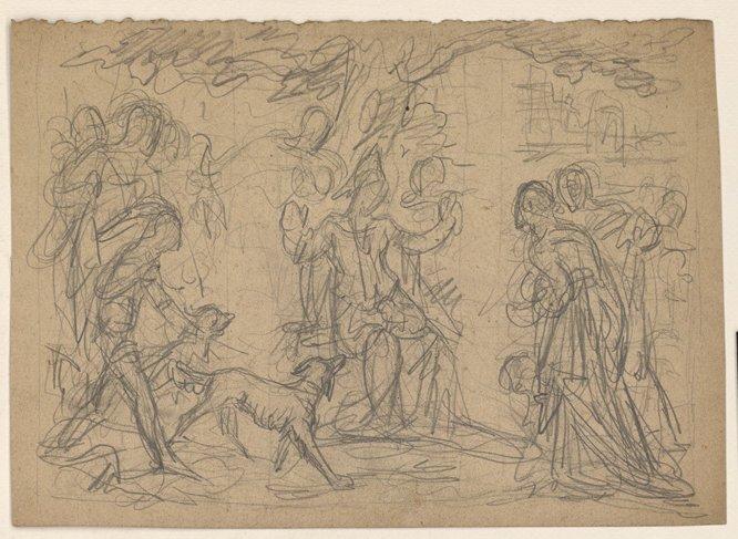 La foule autour d'une femme assise ; Projet de vitrail