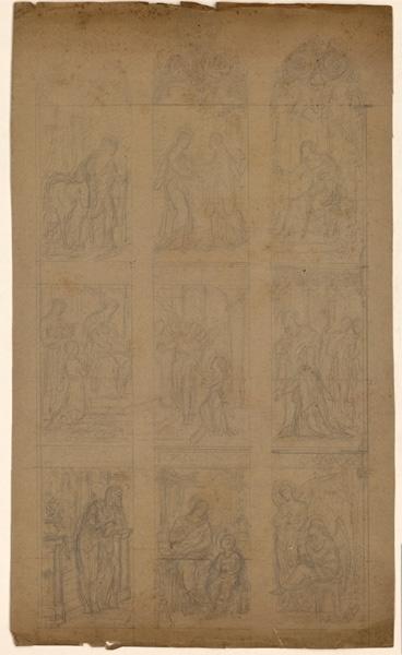 Visitation ; Présentation au temple ; La Vierge enseigne à Jésus ; Projet de vitrail. 3 scènes ; Verso ; Géométrie