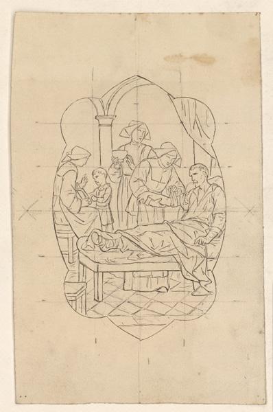 Des infirmières soignent un homme blessé au bras ; Projet de vitrail