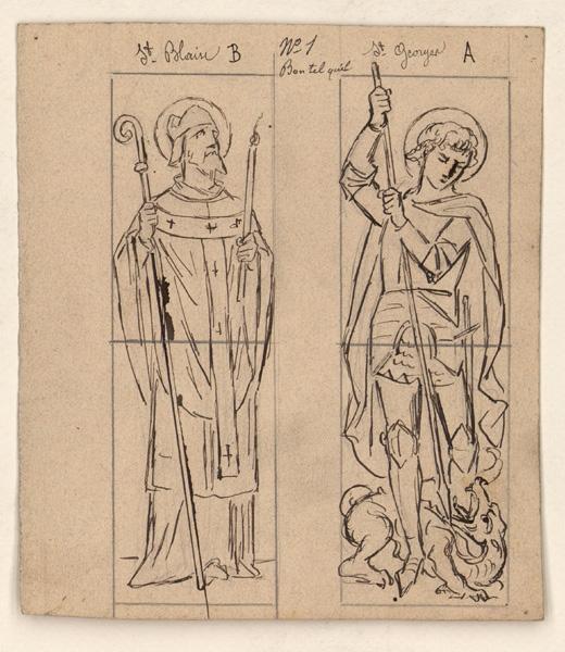 Saint Blaise ; Saint Georges et le dragon ; Projet de vitrail. 2 scènes