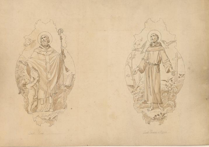 Saint René ; Saint François d'Assise ; Projet de vitrail. 2 scènes ; Verso. Projet de vitrail. ; Le Christ
