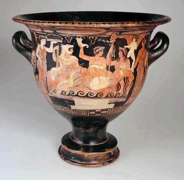 Cratère en cloche au banquet des dieux et aux trois jeunes hommes drapés ; Le banquet des Dieux