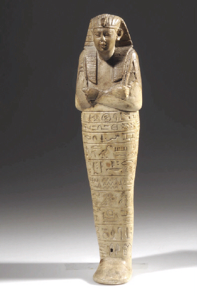 Serviteur funéraire royal (fragment) ; Buste d'ouchebti de roi (Psammetique 1er ?)