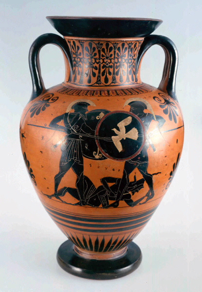 Diomède et Hector / Héraklès et le lion de Némée ; Amphore à col au combat d'hoplites