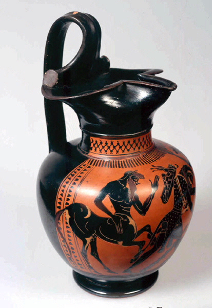Oenochoé à décor d'Héraclès dérobant le vin des centaures ; Héraklès chez les centaures ; Oenochoé à tableau avec Héraclés chez les centaures