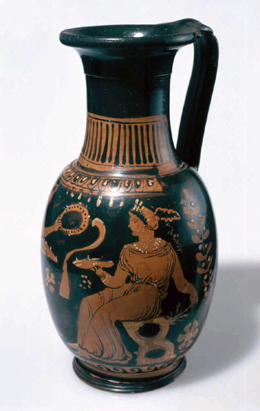 Olpé à la scène d'offrande entre Eros et une femme ; Olpé aux offrandes funéraires (Titre donné par Catherine Lesseur pour la notice du catalogue de l'exposition " Vases en voyage", 2005-2006) ; Eros et femme assise (Titre donné par Catherine Lesseur pour la notice du catalogue de l'exposition " Vases en voyage", 2005-2006)