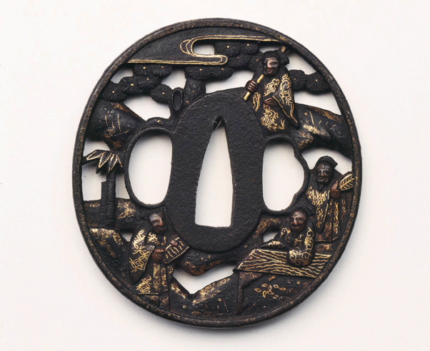Garde de sabre avec une scène de l'histoire des Trois royaumes ; Garde de sabre décorée de personnages chinois