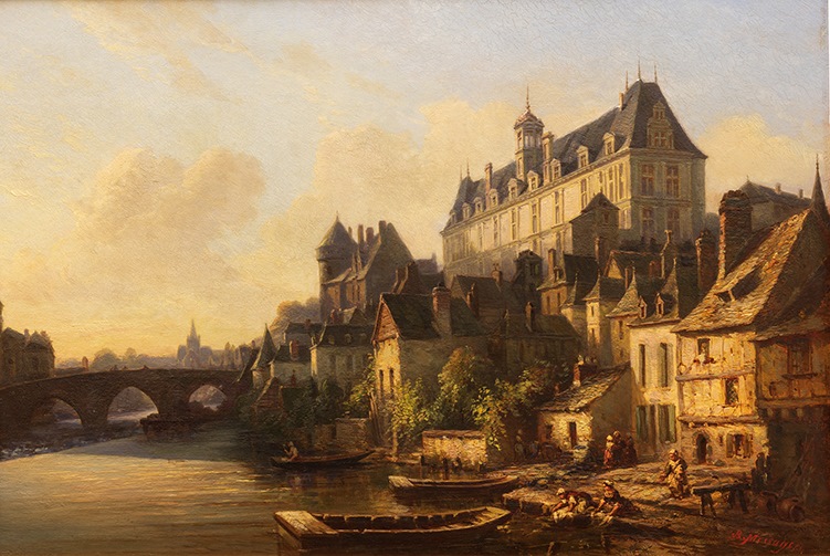 Le Palais de justice, le Vieux-Château et le Vieux-Pont à Laval ; Laval : laveuses sur la rive droite au bas du Palais de Justice (Autre titre)