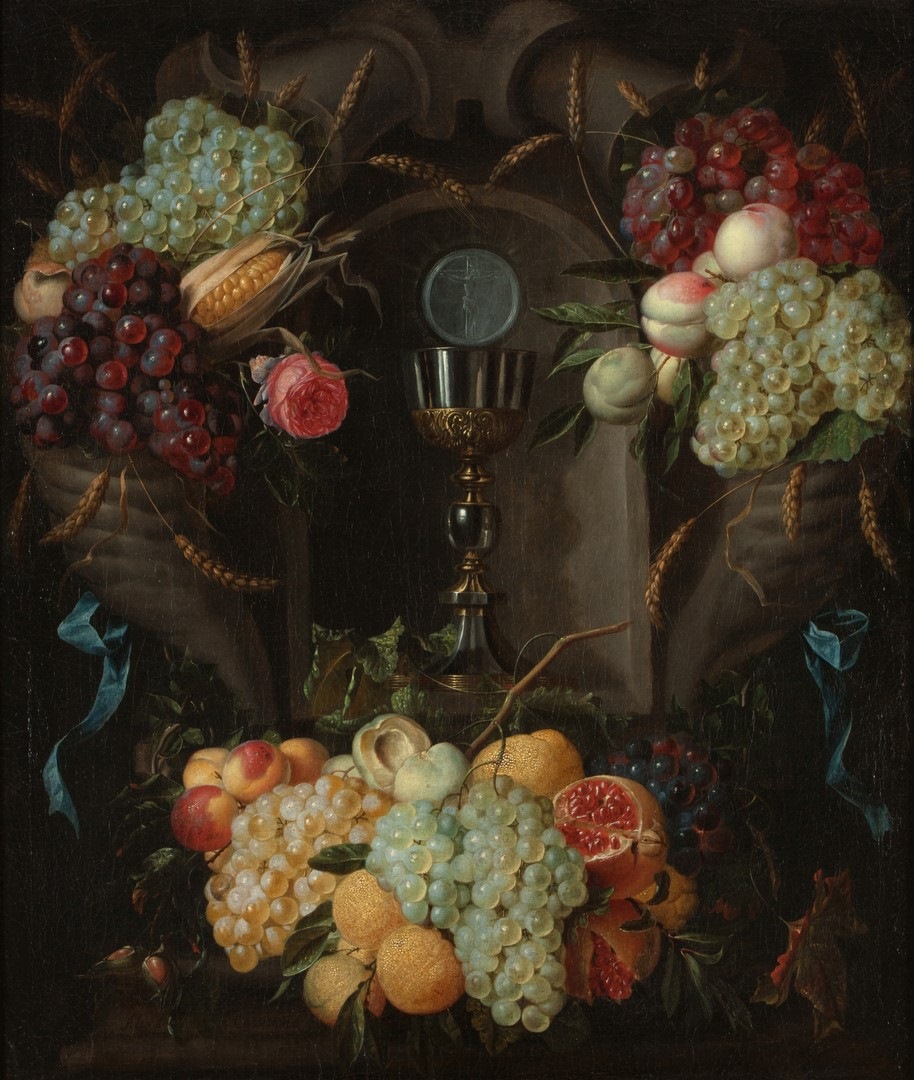 Allégorie de l'Eucharistie ; Nature morte, fruits et calice ; Fruits autour d'un calice ; Groupe de fruits divers ; Trois groupes de raisins, d'oranges, pêches et grenades, d'épis de blé et de maïs ; au milieu, un calice surmonté de la Sainte Hostie