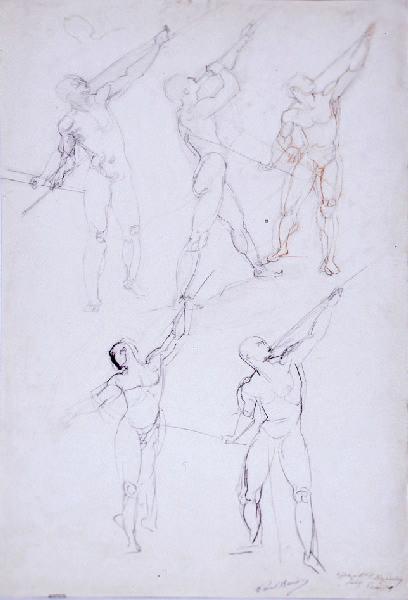 Soldats sonnant de la trompette ; au verso, étude pour un décor : étude de figures