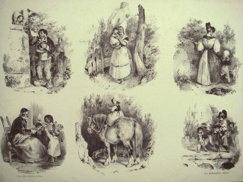 Feuille de croquis (Six sujets dont celui du milieu en haut présente une vieille femme avec un nourrisson.)