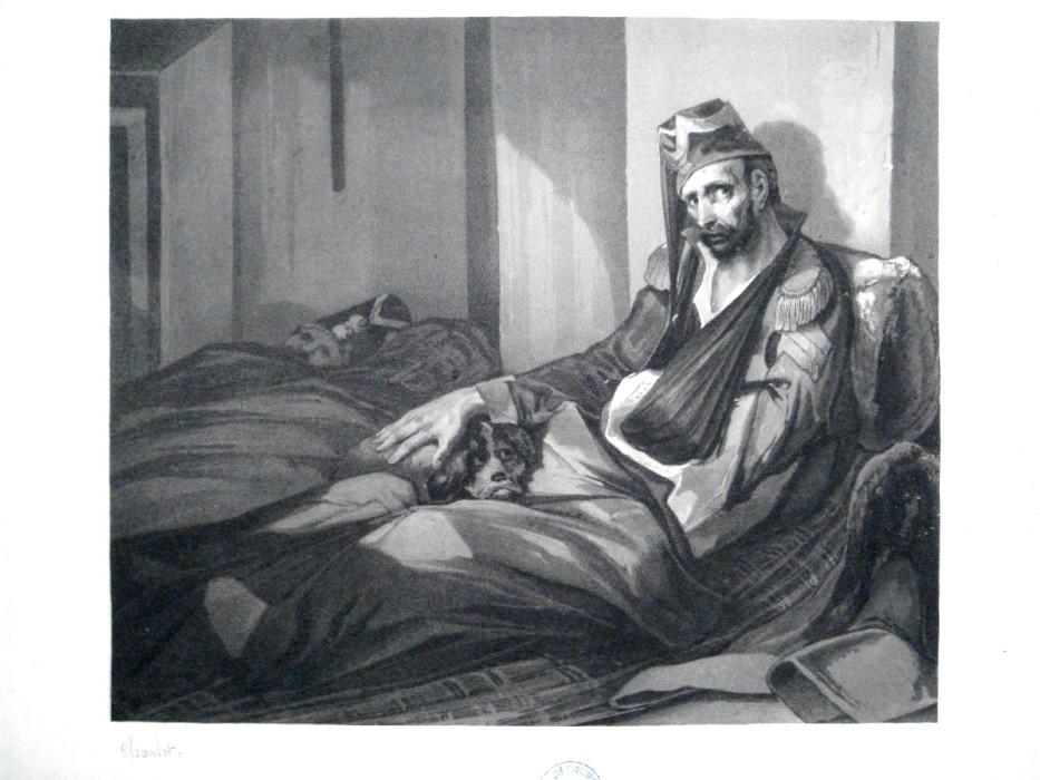 Homme blessé en bonnet de police avec son chien