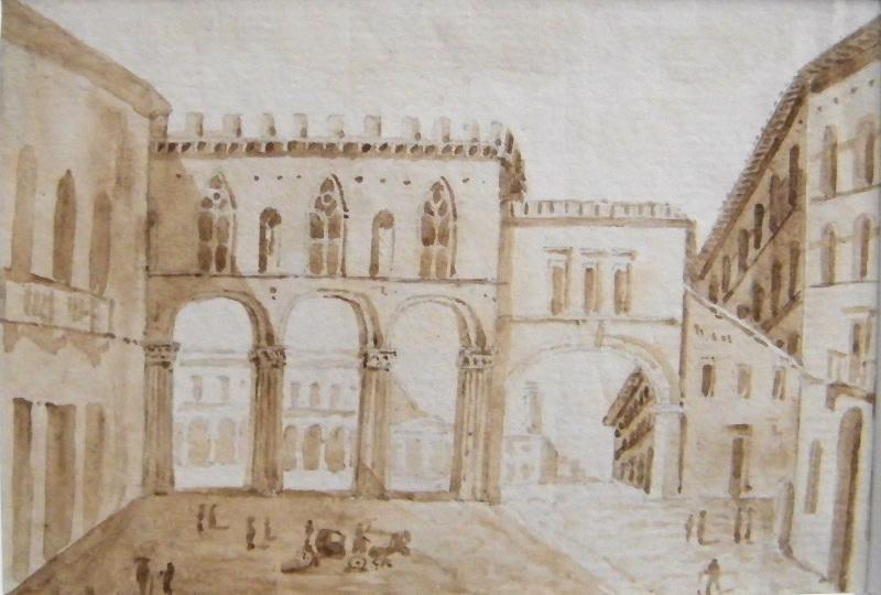 Vue d'une place à travers les arcades d'une galerie