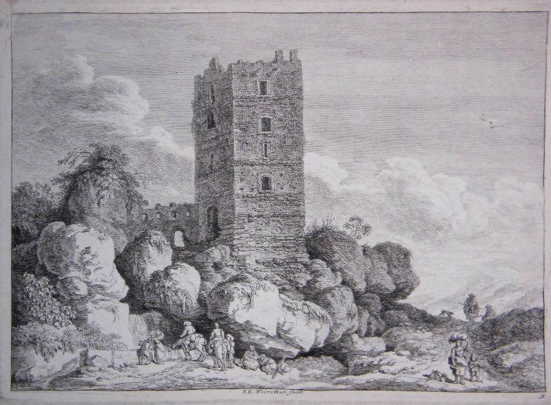 Tour en ruine dans paysage rocheux