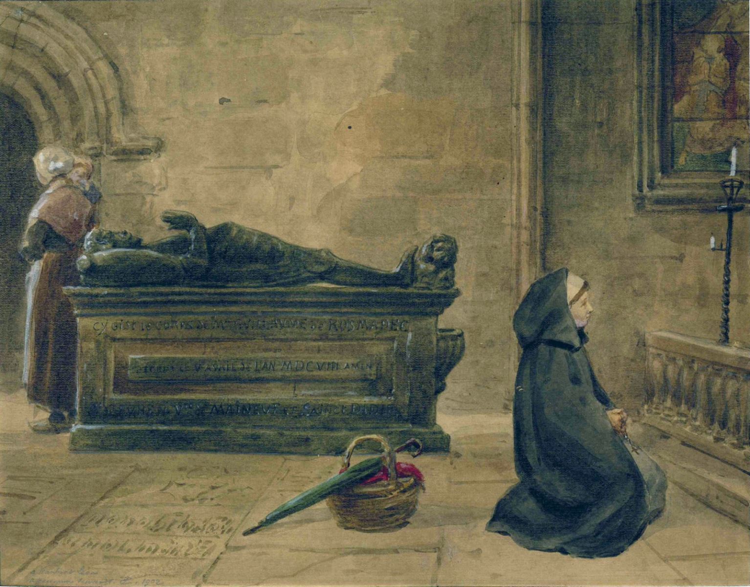 Jeune femme priant devant le gisant de Guillaume de Rosmadec