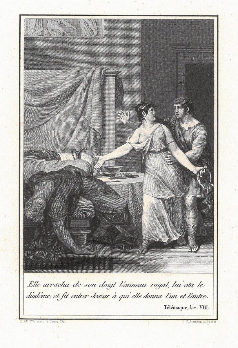 Elle arracha de son doigt l'anneau royal, lui ôta le diadème, et fit entrer Joazar à qui elle donna l'un et l'autre