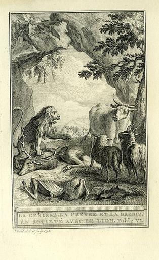 La génisse, la chèvre et la brebis en société avec le lion, I, 6