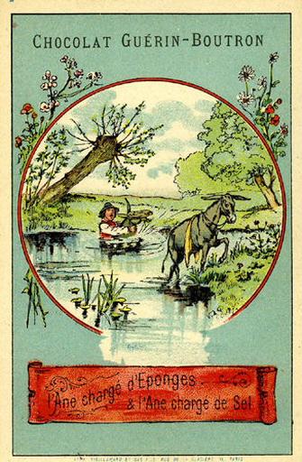 L'âne chargé d'éponges et l'âne chargé de sel ,II,10 (Le texte de la fable est reproduit au revers)