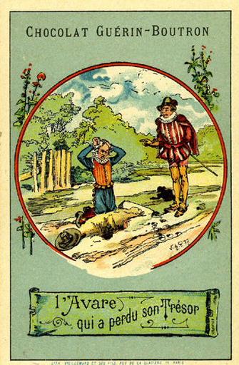 L'Avare qui a perdu son trésor, IV, 20 (Le texte de la fable est reproduit au revers)