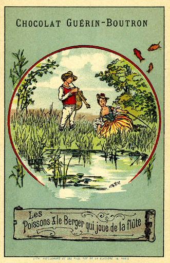 Les Poissons et le Berger qui joue de la flûte, X, 10 (Le texte de la fable est reproduit au revers)