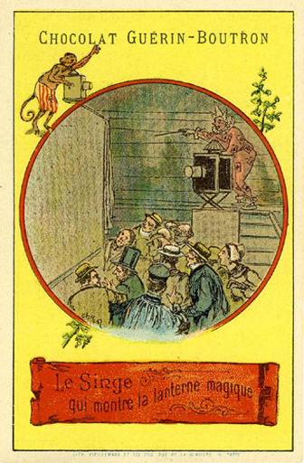 Le Singe qui montre la lanterne magique (Le texte de la fable est reproduit au revers)