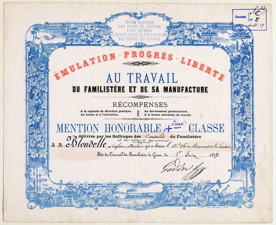 Diplôme de la fête du travail décerné à Eugène Blondelle
