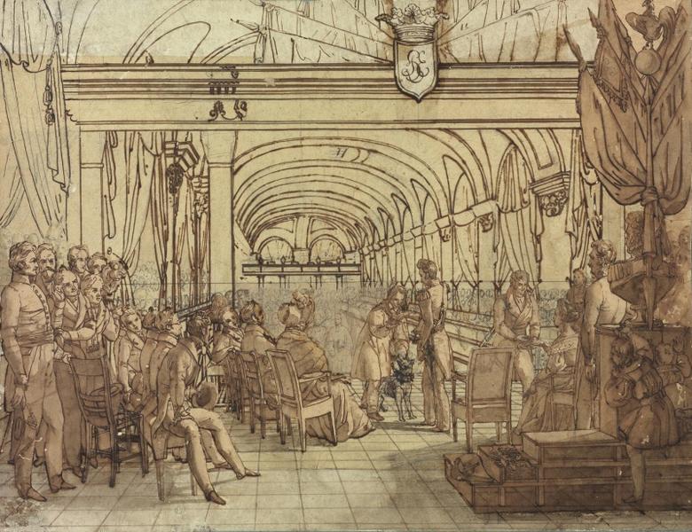 Le duc d'Orléans remettant une médaille d'or au berger Joseph Dantan, lors de la distribution des prix du concours d'agriculture, à Saint-Quentin, le 10 septembre 1837