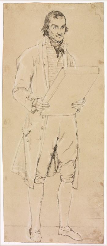 Homme en costume de ville, debout, portant un gros livre (bedeau)