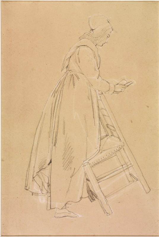 Femme en costume populaire haut normand, de profil droit, lisant un livre, le genou gauche appuyé sur une chaise en équilibre