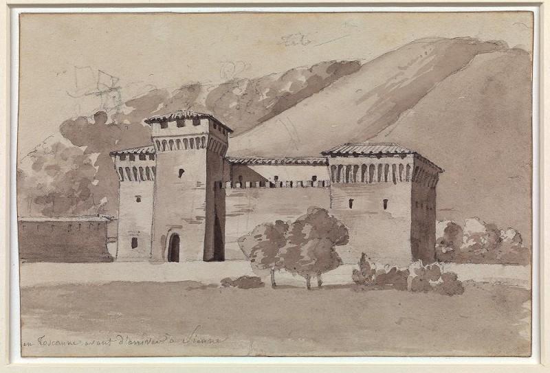 Bâtisse fortifiée dans un paysage montagneux aux environs de Sienne, en Toscane