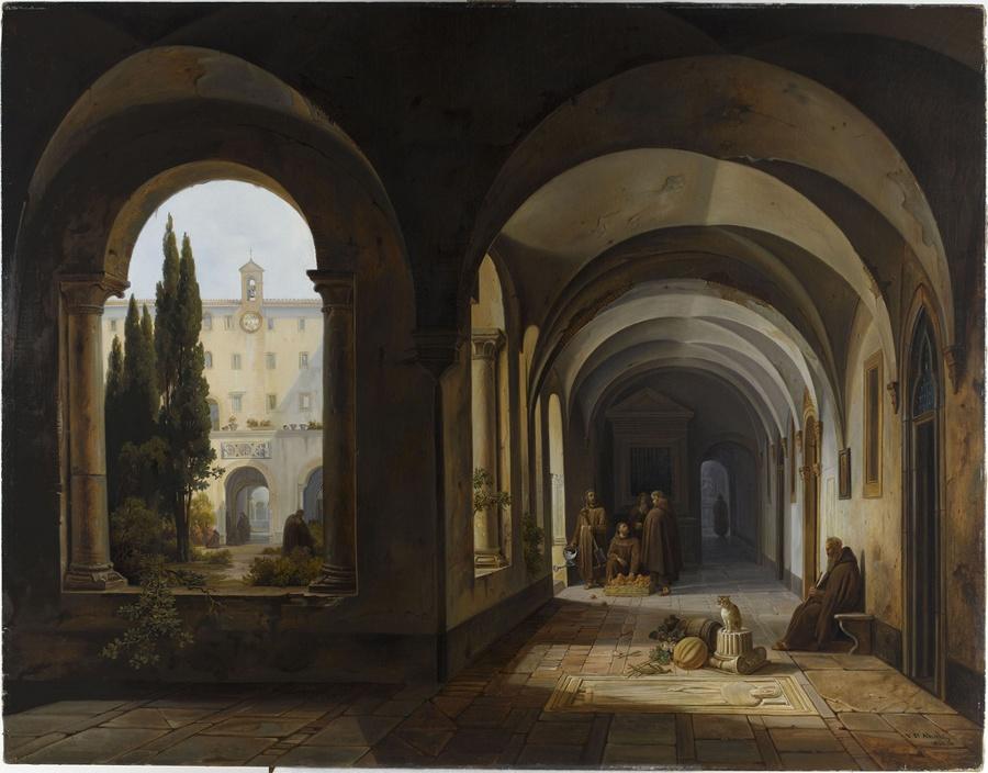 Moines franciscains dans le cloître de Santa Maria d'Aracoeli à Rome (Titre original)