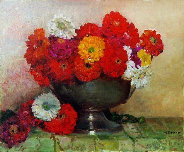 Zinnias à la coupe d'étain (titre inscrit)