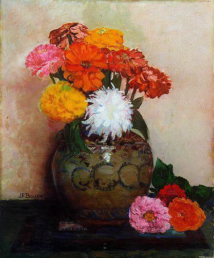 Zinnias au vase de Rhodes (titre inscrit)