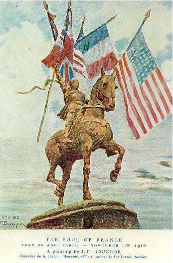 Généraux français et autres figures de la Grande Guerre : The soul of France : Joan of Arc, Paris, november 11th 1918 (Titre inscrit) ; La statue équestre de Jeanne d'Arc de la rue de Rivoli à Paris, le 11 novembre 1918 (Titre d'après le sujet représenté)