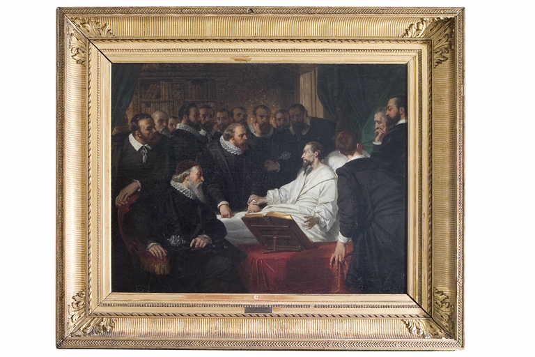 Les adieux de Calvin aux quatre syndics et aux seigneurs de Genève le 27 avril 1564 (Titre attribué au tableau de Joseph Hornung (1829, Bibliothèque publique et universitaire de Genève), source de l'oeuvre de Devéria. ) ; Les adieux de Calvin aux syndics de Genève (Titre attribué à l'étude pour le tableau de Noyon in Cat. exp. Pau 1965 : Eugène Devéria (cat. 130). ) ; La mort de Calvin (Titre familièrement attribué au tableau. )