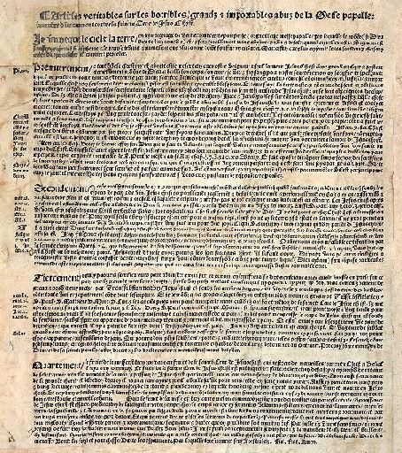 Articles véritables sur les horribles, grands et importables abus de la messe papalle, inventée directement contre la saincte Cène de Jésus-Christ (Titre inscrit) ; Placard contre la messe (Titre habituellement attribué au document)