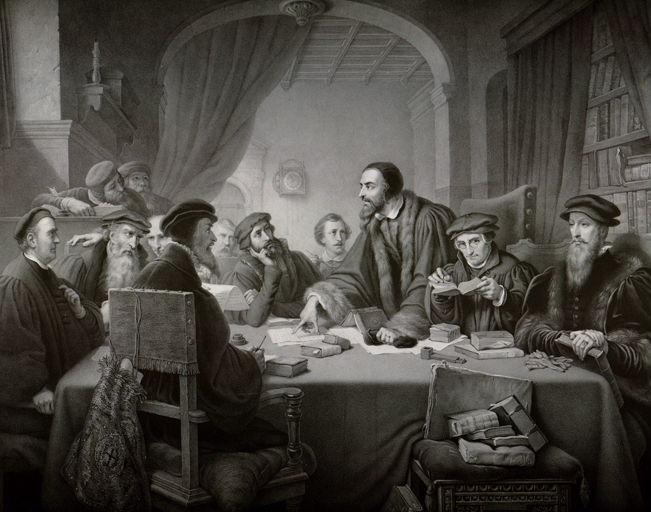 Un colloque à Genève en 1549 (Titre d'après la lettre de l'estampe. ) ; Calvin communiquant à ses collègues un formulaire de Confession de foi, de Discipline ecclésiastique et de Catéchisme (Sous-titre d'après la lettre de l'estampe. )