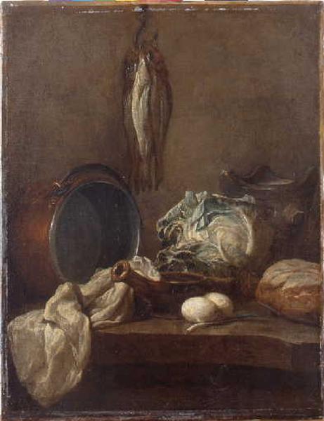 Nature morte avec chaudron, poêlon, fourneau, torchon, chou, deux oeufs, poireau, pain et trois harengs