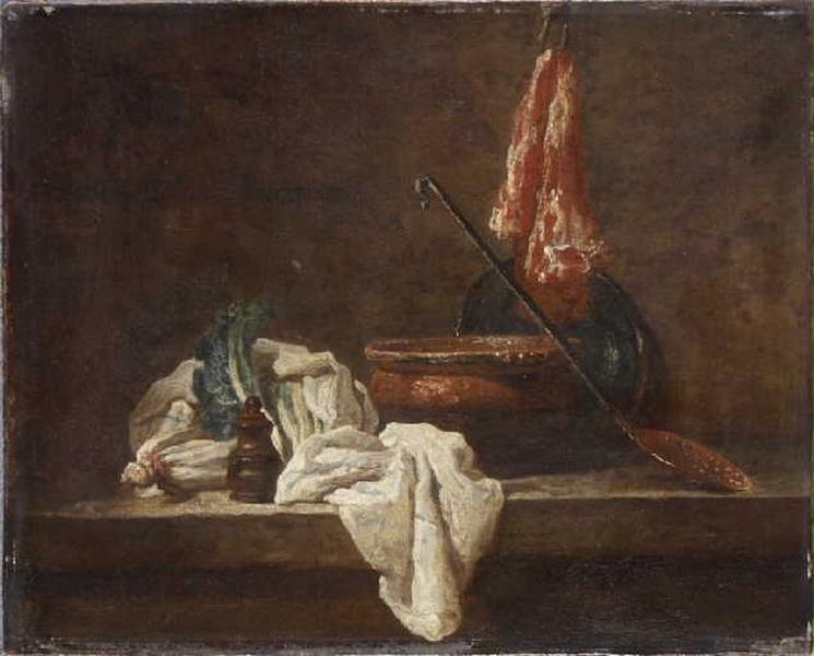 Nature morte avec deux pieds de céleri, boîte à épices, torchon, terrine, plat, écumoire et morceau de viande