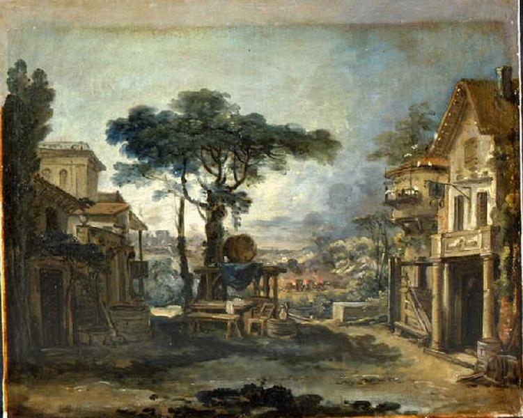 Projet pour un décor de théâtre : la place d'un village